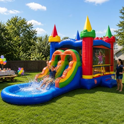 Inflatable Bounce House with Slide for Kids - Backyard Modular Rainbow Castle Combo Bouncer with Water Pool, Outdoor Toys, Jumpers for Kids - Bounce House with Blower & Stakes - 12' x 12' Area